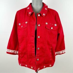 Upcycled Holiday Red Embellished Denim Jacket SZ XL Snowflake Accents Lace Trim